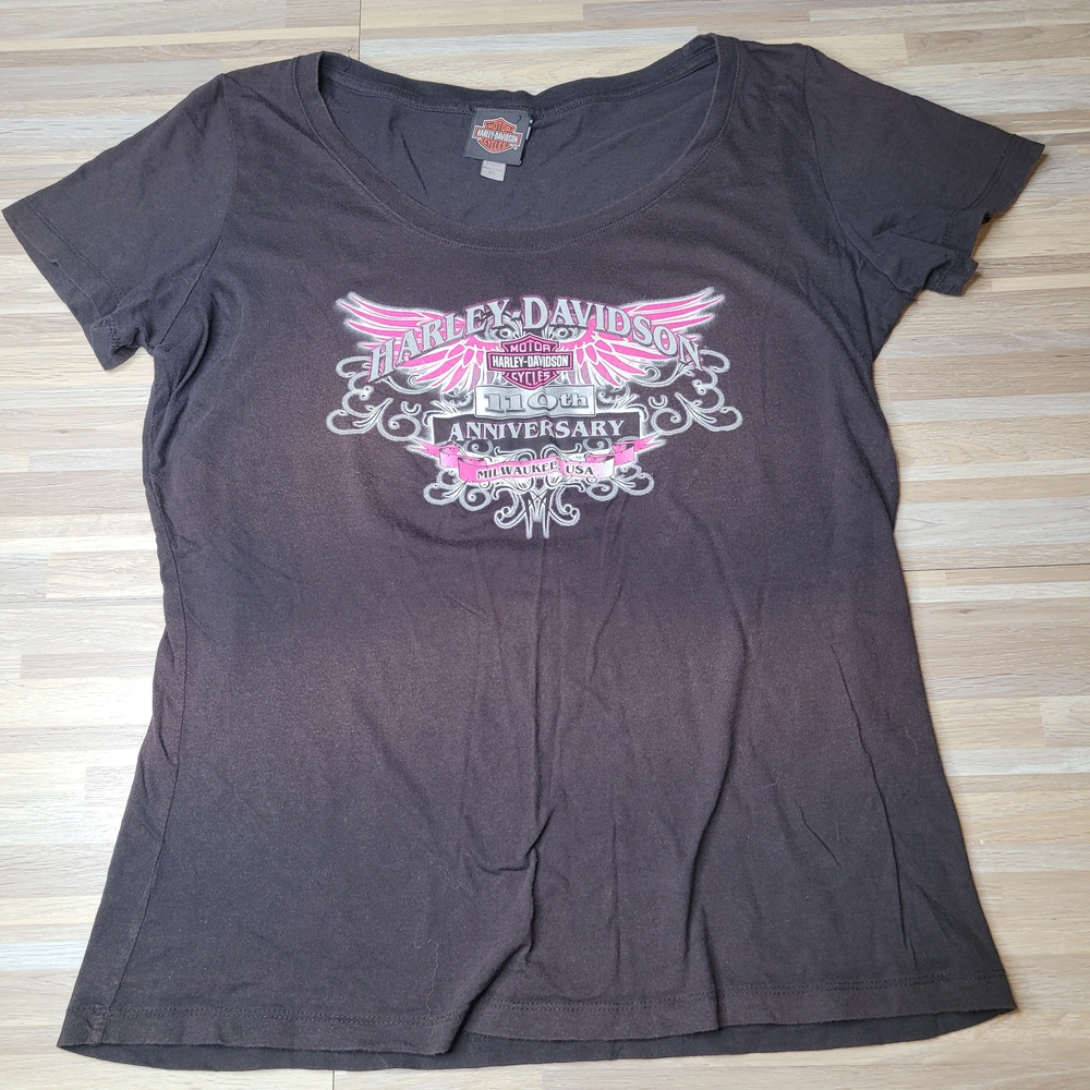 Harley-Davidson Women's XL Black‎ & Pink 110th Anniversary Graphic Tee V Neck